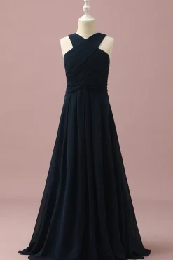 Azul Marinha Halter A-Line Vestido Dama de Honra Júnior