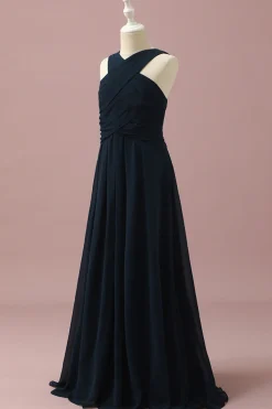 Azul Marinha Halter A-Line Vestido Dama de Honra Júnior
