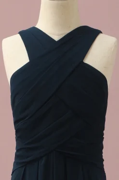 Azul Marinha Halter A-Line Vestido Dama de Honra Júnior