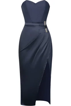 Azul Marinha Sem Cintas Cetim Vestido de Cocktail