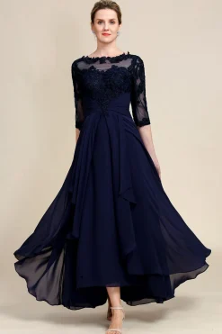 Azul Marinha Vestido Assimétrico da Mãe da Noiva Com Mangas Compridas