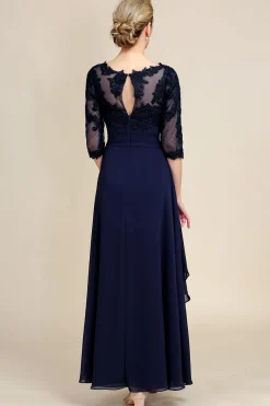 Azul Marinha Vestido Assimétrico da Mãe da Noiva Com Mangas Compridas