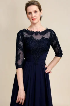 Azul Marinha Vestido Assimétrico da Mãe da Noiva Com Mangas Compridas