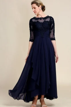 Azul Marinha Vestido Assimétrico da Mãe da Noiva Com Mangas Compridas