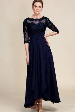 Azul Marinha Vestido Assimétrico da Mãe da Noiva Com Mangas Compridas