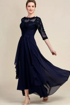 Azul Marinha Vestido Assimétrico da Mãe da Noiva Com Mangas Compridas