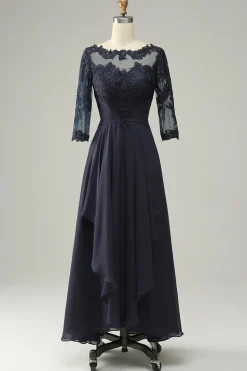 Azul Marinha Vestido Assimétrico da Mãe da Noiva Com Mangas Compridas