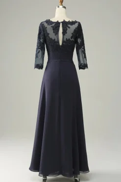 Azul Marinha Vestido Assimétrico da Mãe da Noiva Com Mangas Compridas