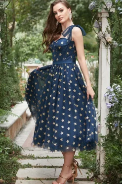 Azul Marinho A-Line Vestido de Baile