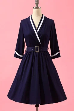 Azul marinho dos retalhos V Neck Casual Vestido Envelope