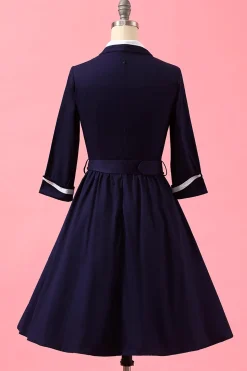 Azul marinho dos retalhos V Neck Casual Vestido Envelope