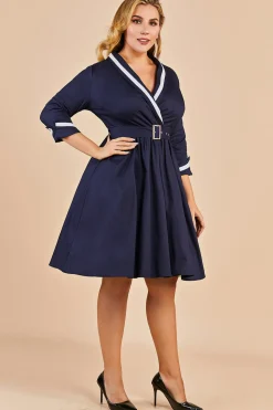 Azul marinho dos retalhos V Neck Casual Vestido Envelope