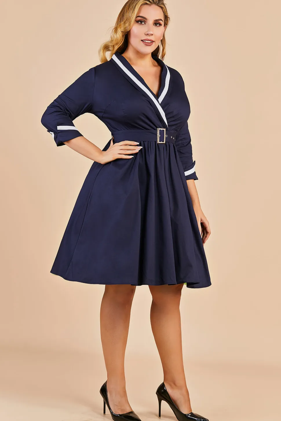 Azul marinho dos retalhos V Neck Casual Vestido Envelope