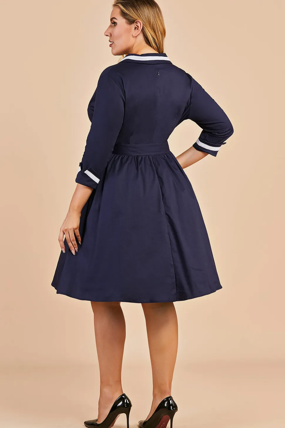 Azul marinho dos retalhos V Neck Casual Vestido Envelope