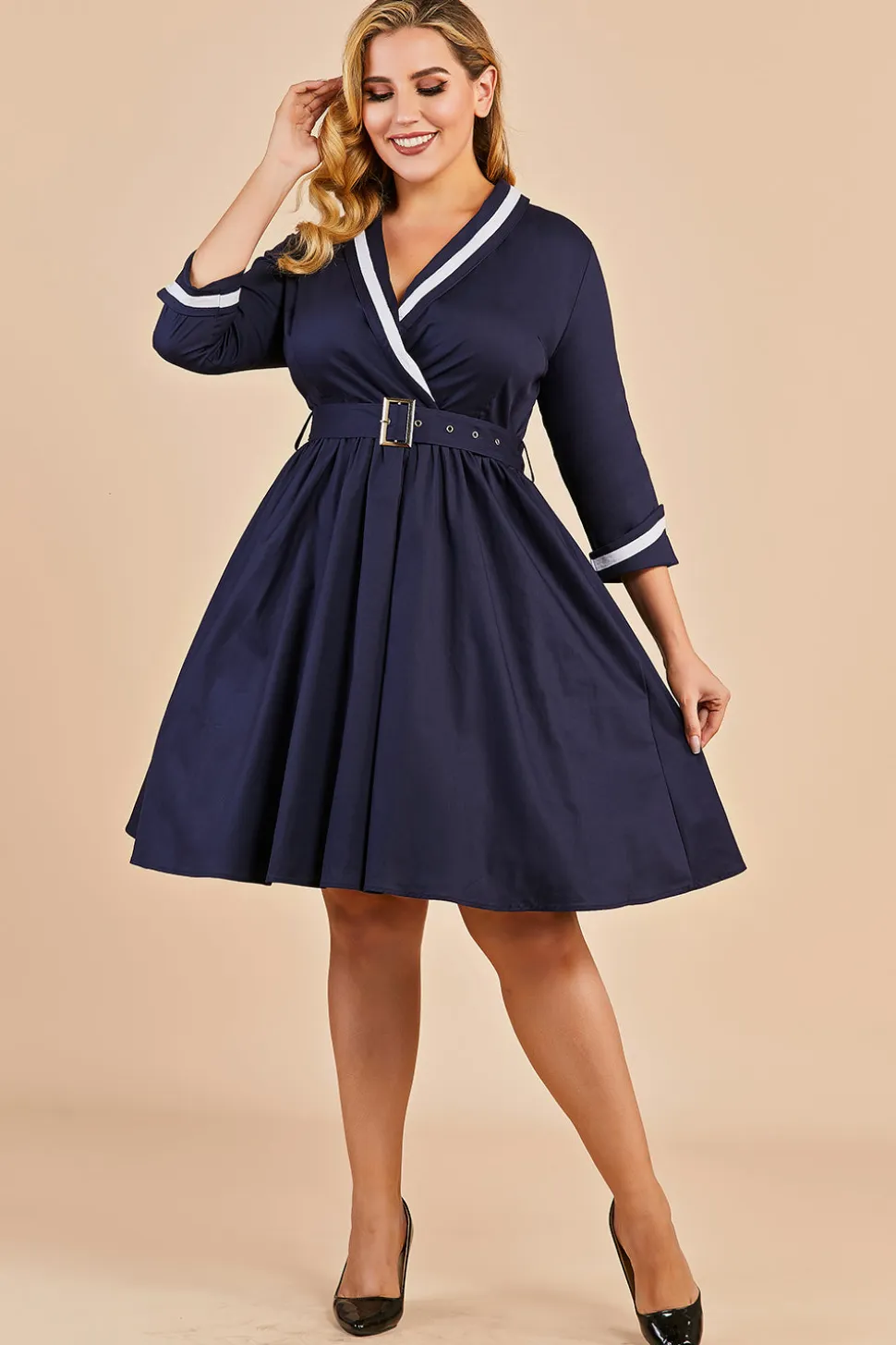 Azul marinho dos retalhos V Neck Casual Vestido Envelope