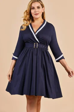 Azul marinho dos retalhos V Neck Casual Vestido Envelope