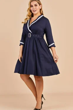 Azul marinho dos retalhos V Neck Casual Vestido Envelope