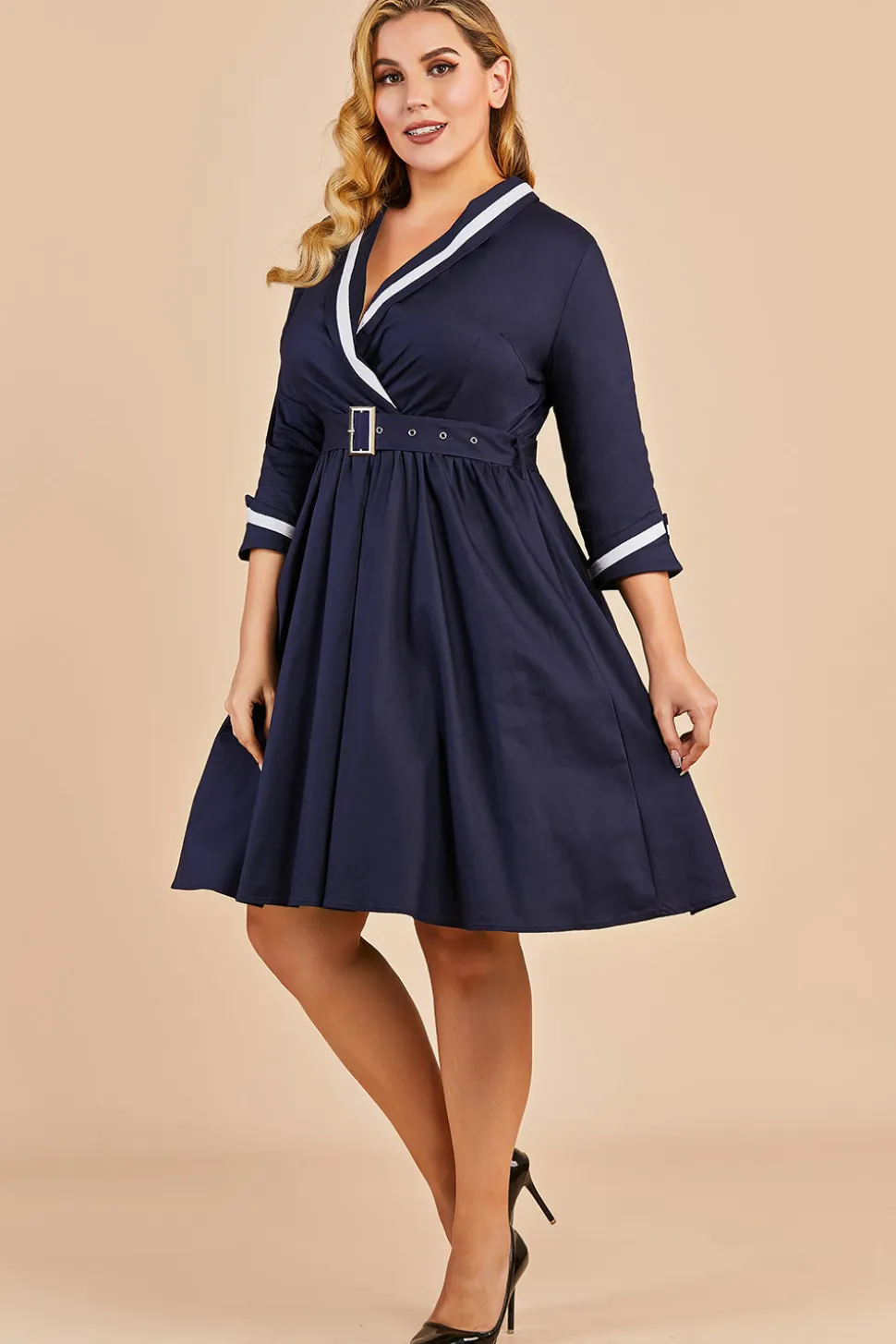 Azul marinho dos retalhos V Neck Casual Vestido Envelope