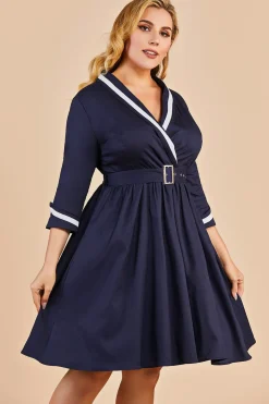 Azul marinho dos retalhos V Neck Casual Vestido Envelope