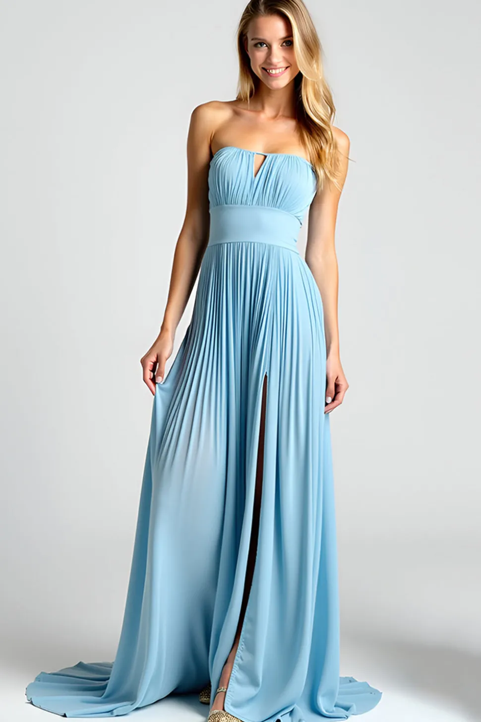 Azul Open Back Strapless A-Line Ruched Long Vestido de Dama de Honra com Fenda