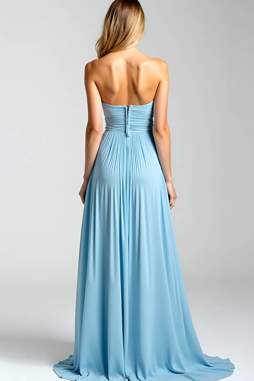 Azul Open Back Strapless A-Line Ruched Long Vestido de Dama de Honra com Fenda