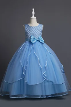 Azul Pescoço Redondo Tule Vestido de Menina