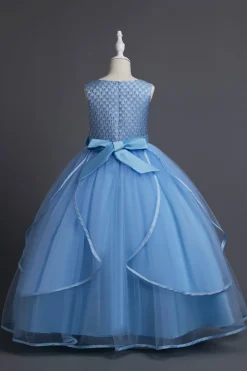 Azul Pescoço Redondo Tule Vestido de Menina