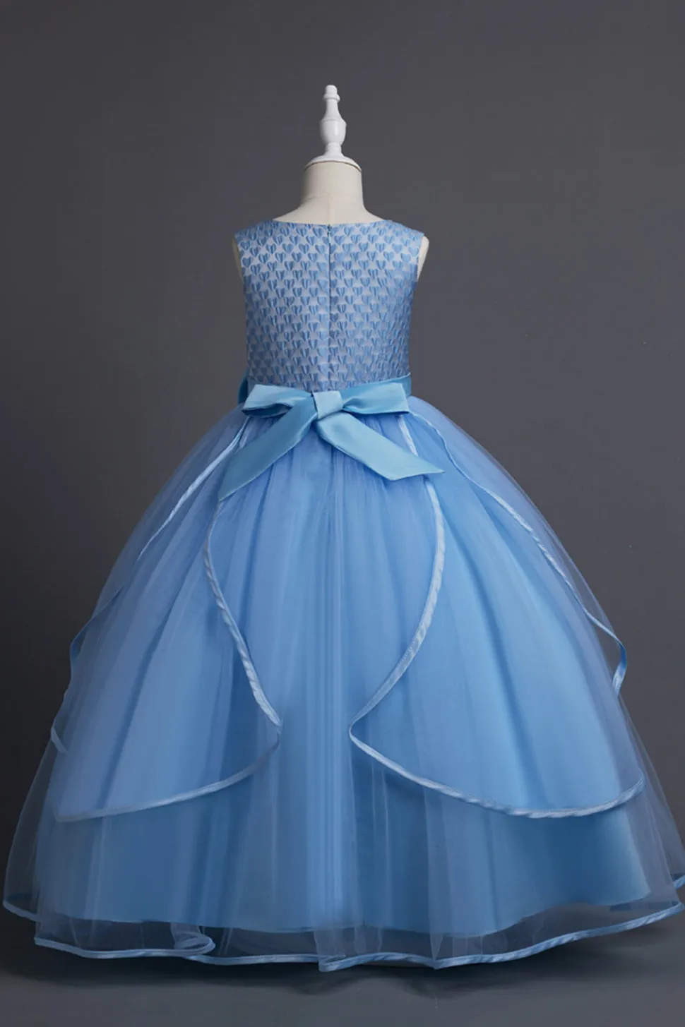 Azul Pescoço Redondo Tule Vestido de Menina
