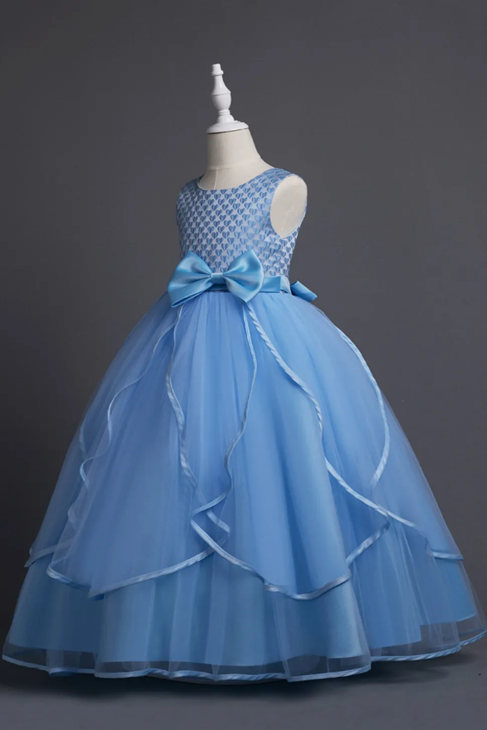 Azul Pescoço Redondo Tule Vestido de Menina