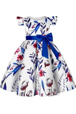 Azul Puff Mangas Vestido de Meninas Com Laço