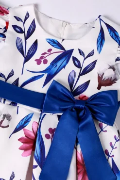 Azul Puff Mangas Vestido de Meninas Com Laço