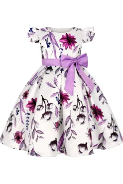 Azul Puff Mangas Vestido de Meninas Com Laço