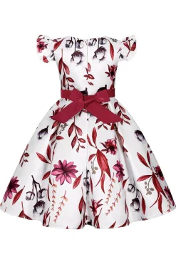 Azul Puff Mangas Vestido de Meninas Com Laço