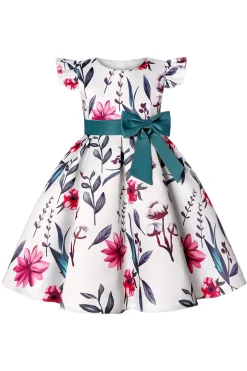 Azul Puff Mangas Vestido de Meninas Com Laço