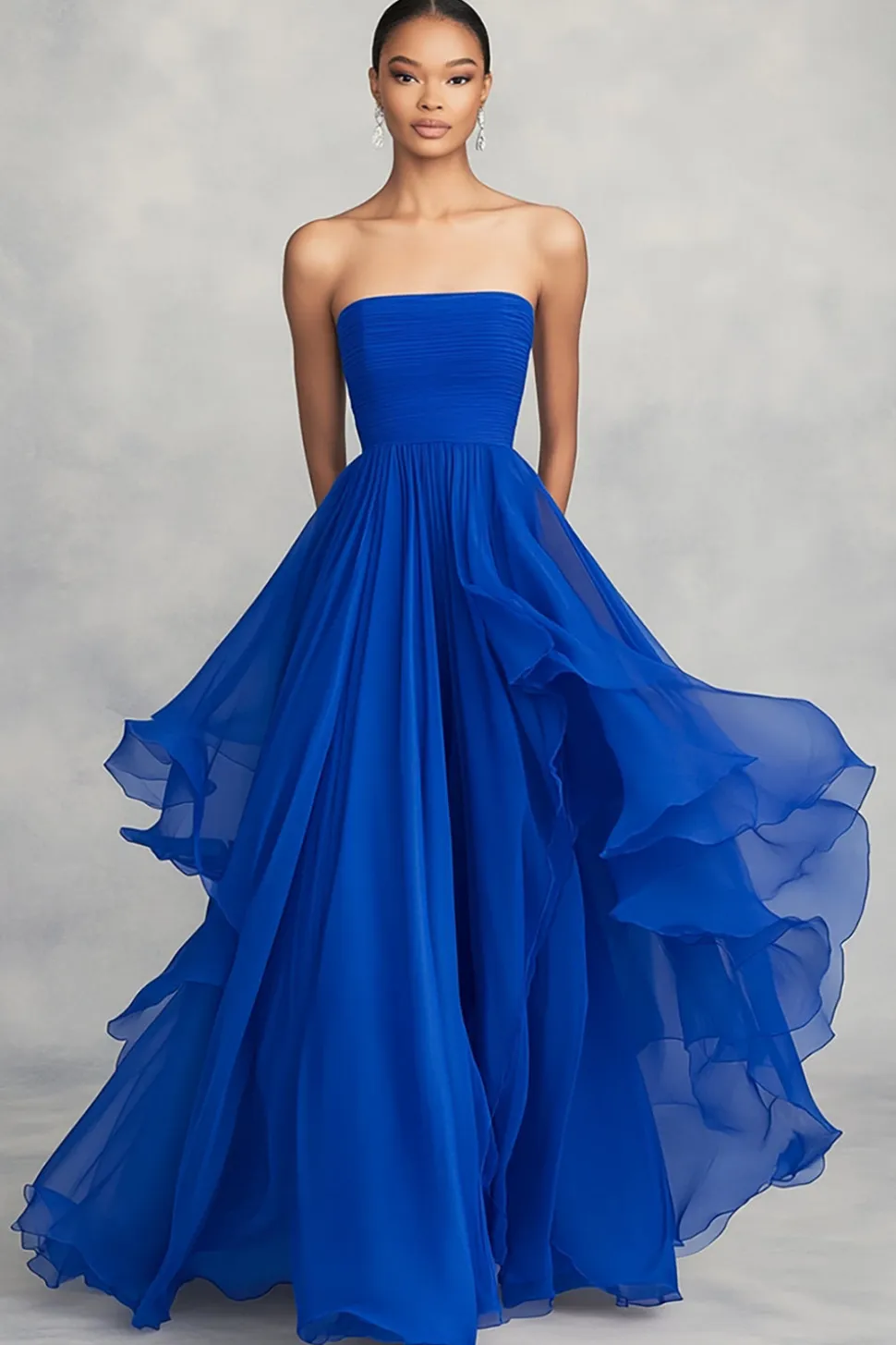 Azul Real Babados Linha-A Chiffon Sem Alças Longo Vestidos Cerimónia