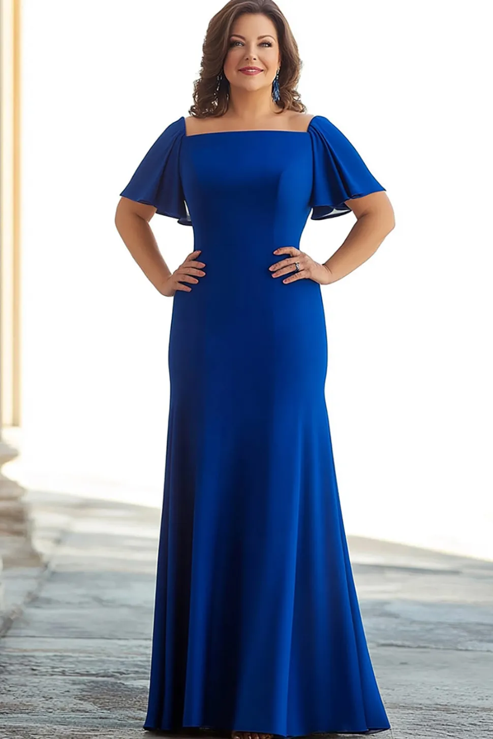 Azul Real Bainha Pescoço Quadrado Longa Vestido Mae Noiva