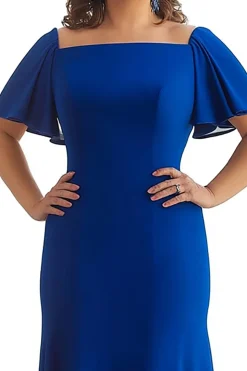 Azul Real Bainha Pescoço Quadrado Longa Vestido Mae Noiva