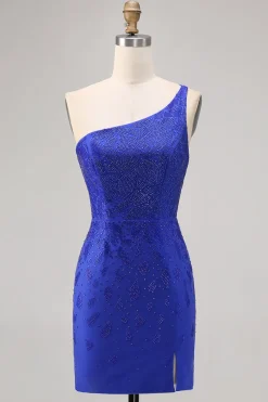 Azul Real Bodycon Um Ombro Mini Vestido Cocktail