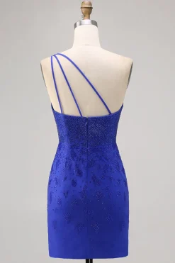 Azul Real Bodycon Um Ombro Mini Vestido Cocktail