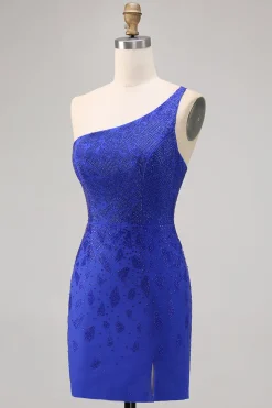 Azul Real Bodycon Um Ombro Mini Vestido Cocktail