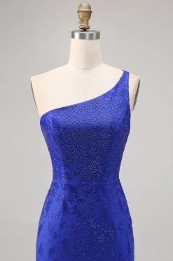 Azul Real Bodycon Um Ombro Mini Vestido Cocktail