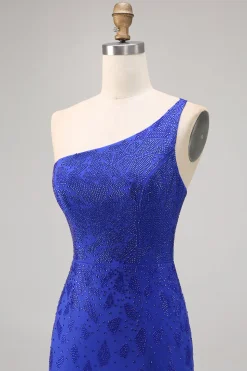 Azul Real Bodycon Um Ombro Mini Vestido Cocktail