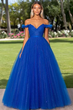 Azul Real Brilhante Fora do Ombro Tule Ball Gown