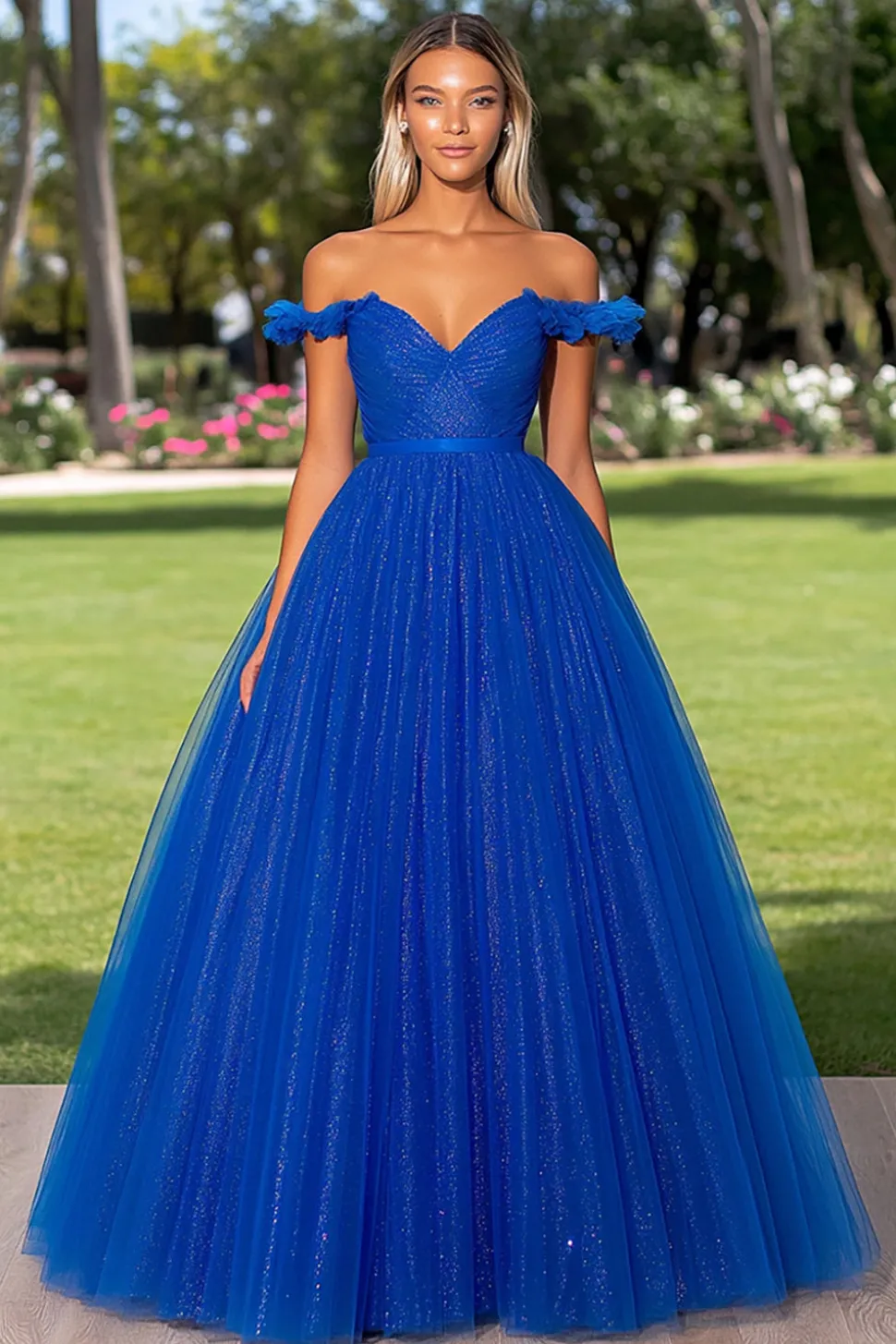 Azul Real Brilhante Fora do Ombro Tule Ball Gown