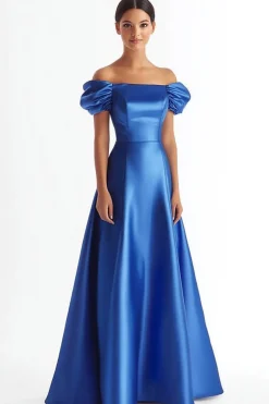 Azul Real Cetim Sem Ombros Longos Vestido Cerimónia