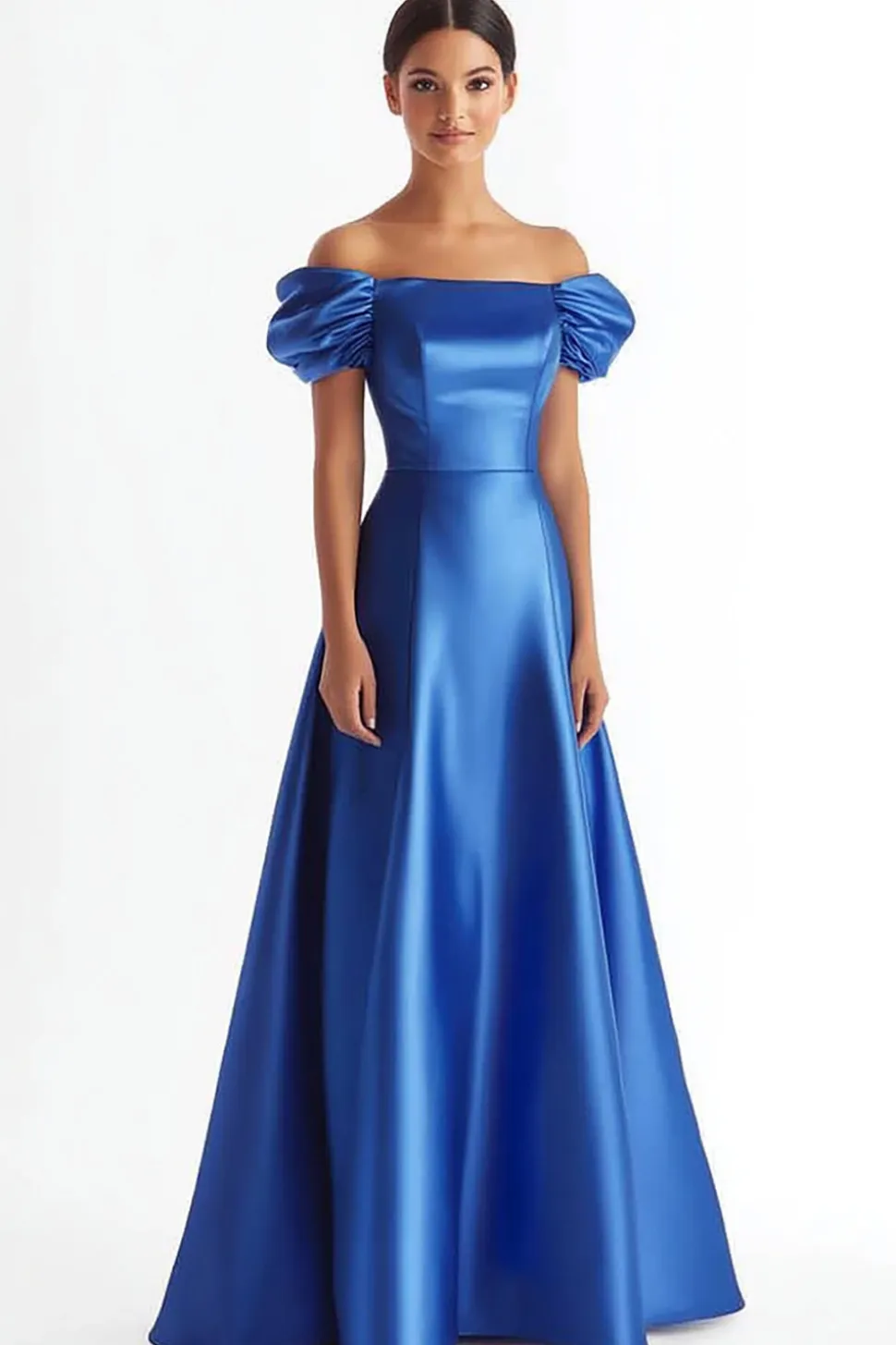 Azul Real Cetim Sem Ombros Longos Vestido Cerimónia