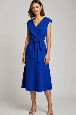 Azul Real Decote em V Linha-A Midi Vestido Para Casamento Convidada