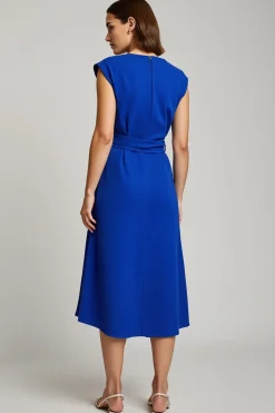 Azul Real Decote em V Linha-A Midi Vestido Para Casamento Convidada