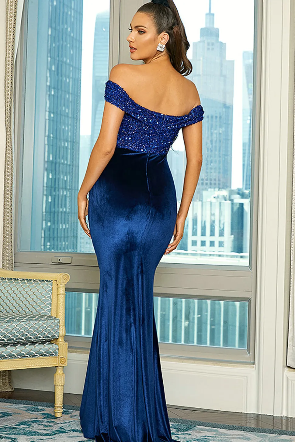 Azul Real Fora do Ombro Lantejoulas Vestido de Baile