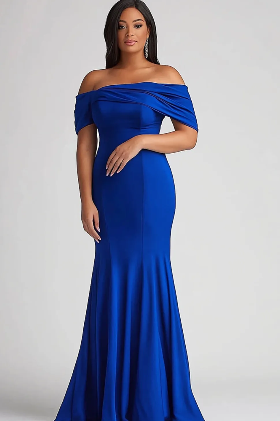 Azul Real Fora do Ombro Sereia Cetim Tamanhos Grandes Longo Vestido Mae Noiva